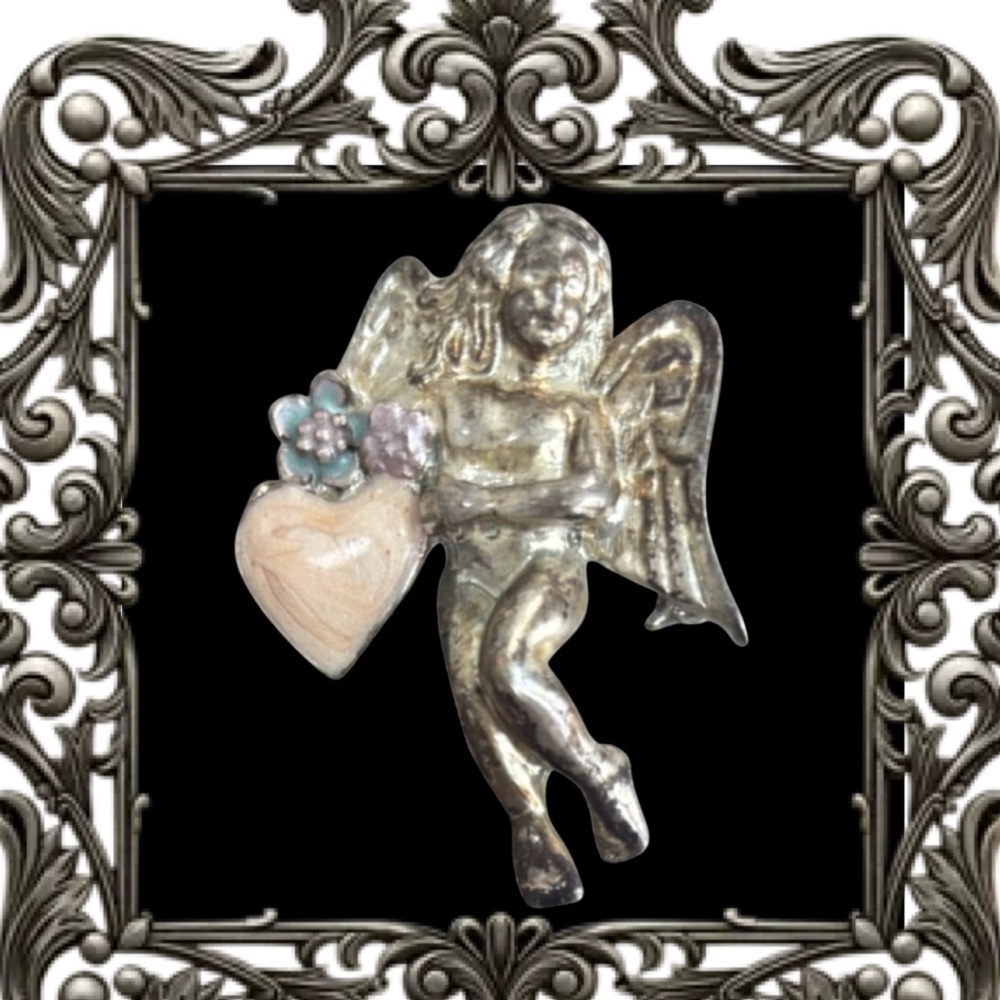 Vintage Angel Brooch Pin Ornate Antique Silver Victorian Enamel Flower Heart